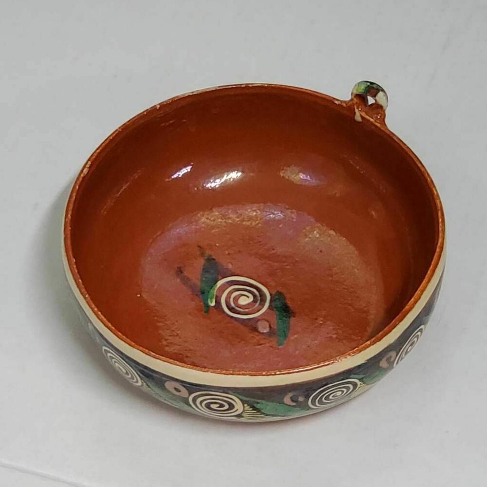 Vintage Mexican Redware Tlaquepaque Pottery Bowl Hand Painted Wood Primitive